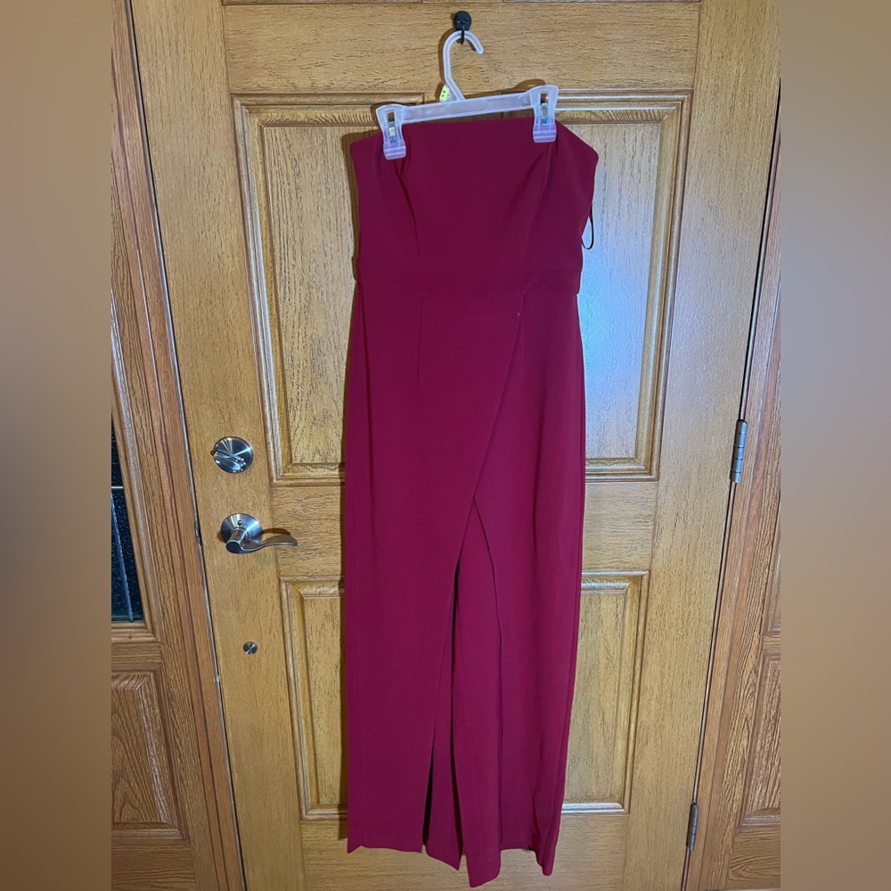 Red strapless maxi dress